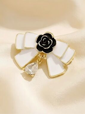 Camellia White Enamel Bow Brooch with Black Rose and Crystal Drop